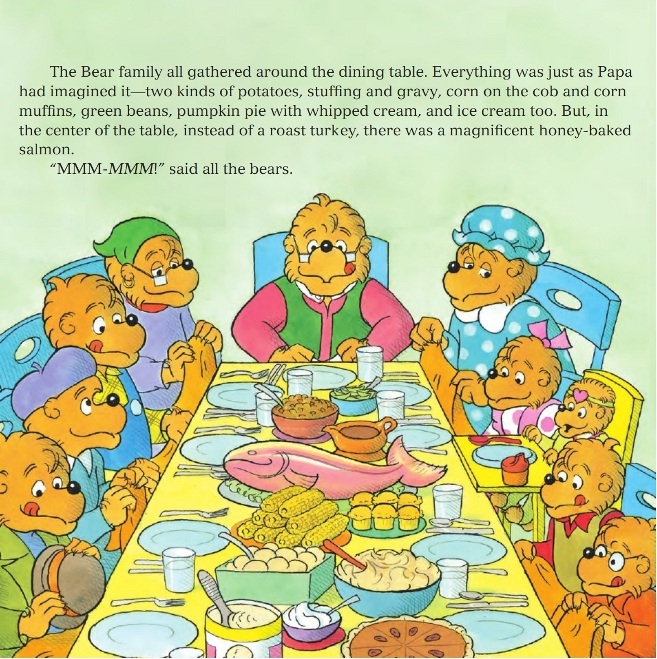 The Bear family all gathered around the dining table.